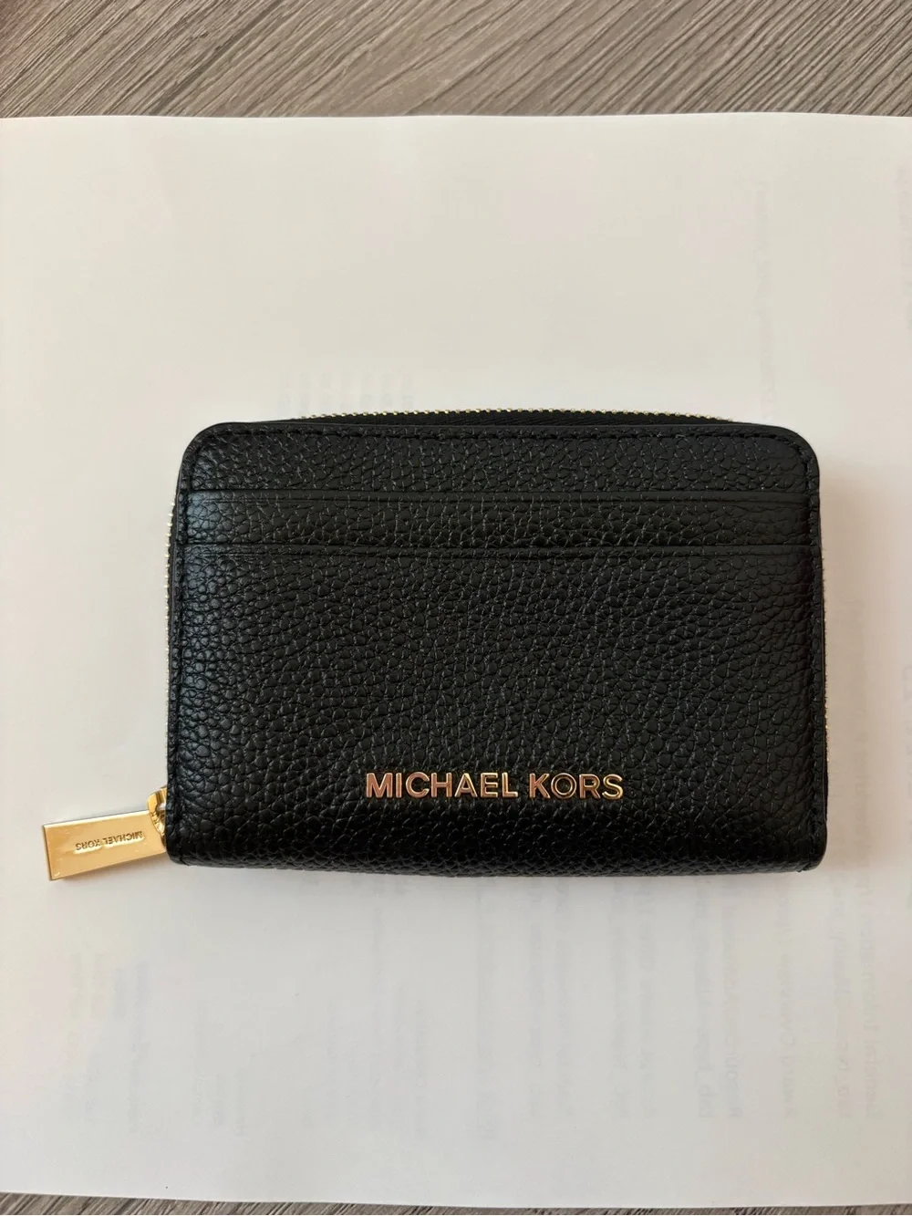 Michael Kors Black Pebbled Leather Zip Card Holder with Gold Hardware